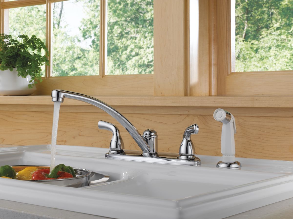 DELTA Foundations Two Handle Kitchen Faucet with Spray — Chrome