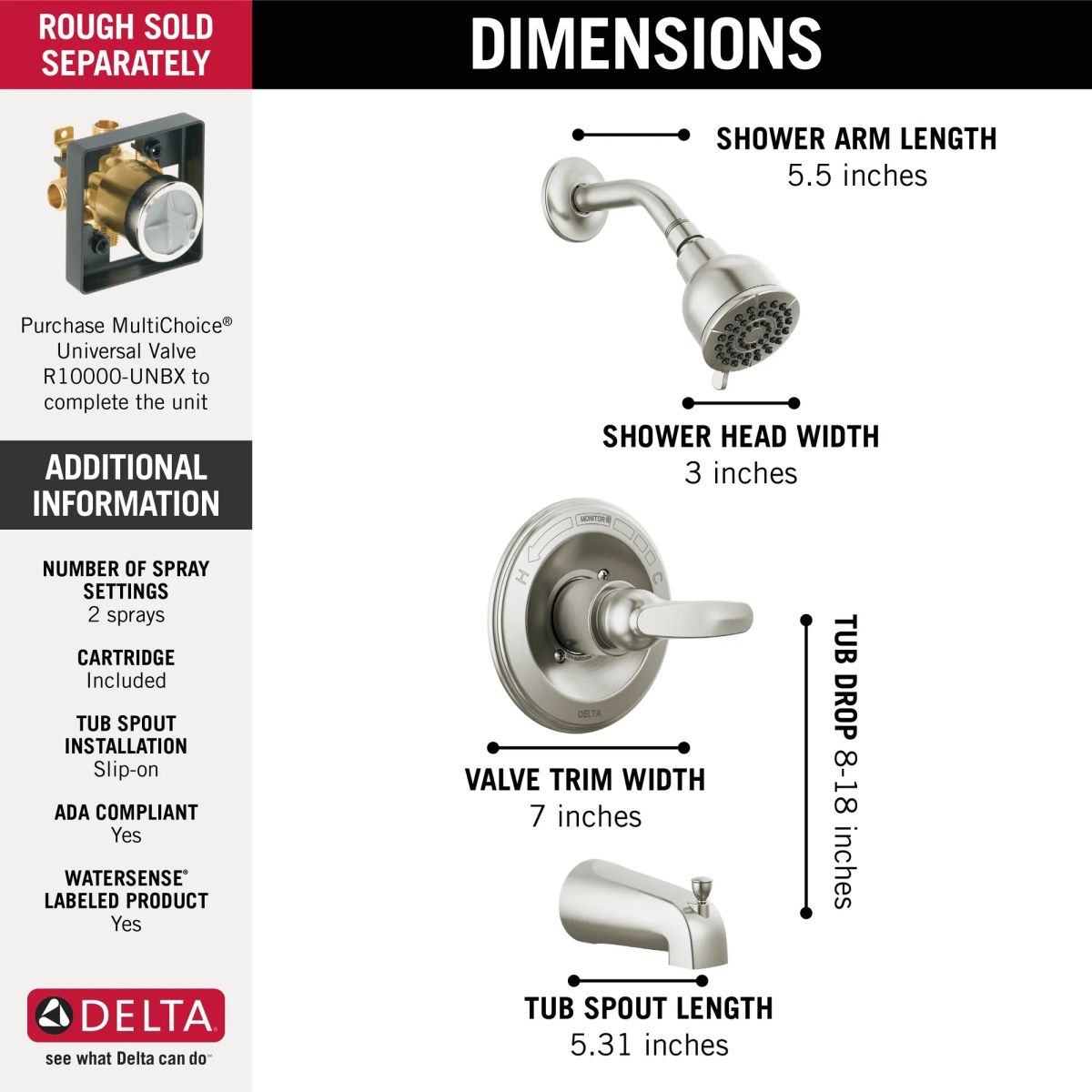 DELTA Foundations Monitor 13 Series Tub & Shower Trim — Stainless