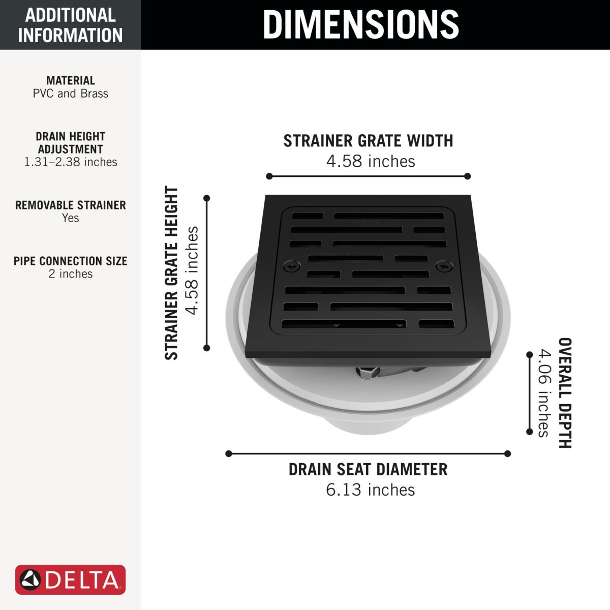 DELTA 4" Tile-In Square Shower Drain — Matte Black