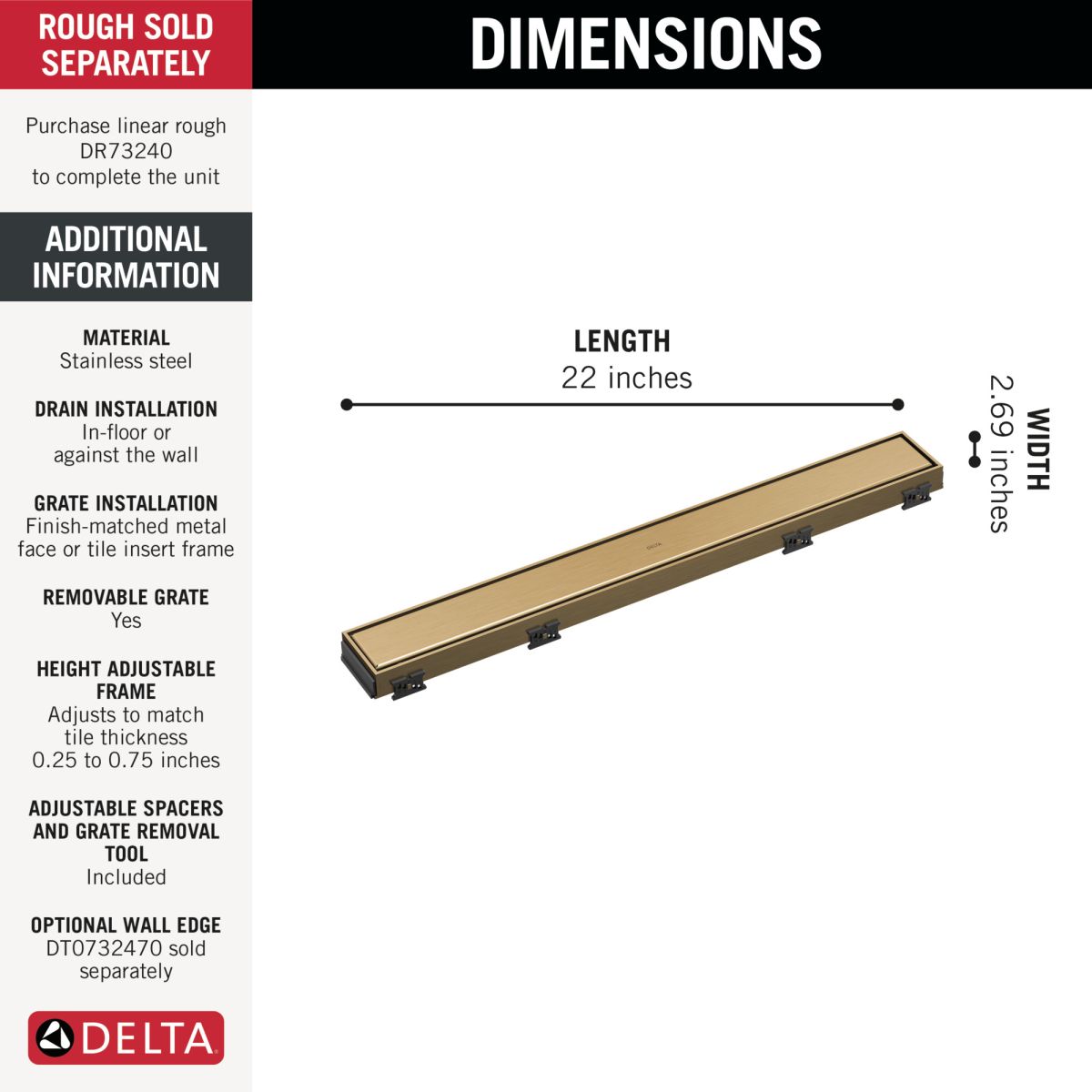 DELTA 24" Reversible Linear Shower Drain Trim — Champagne Bronze