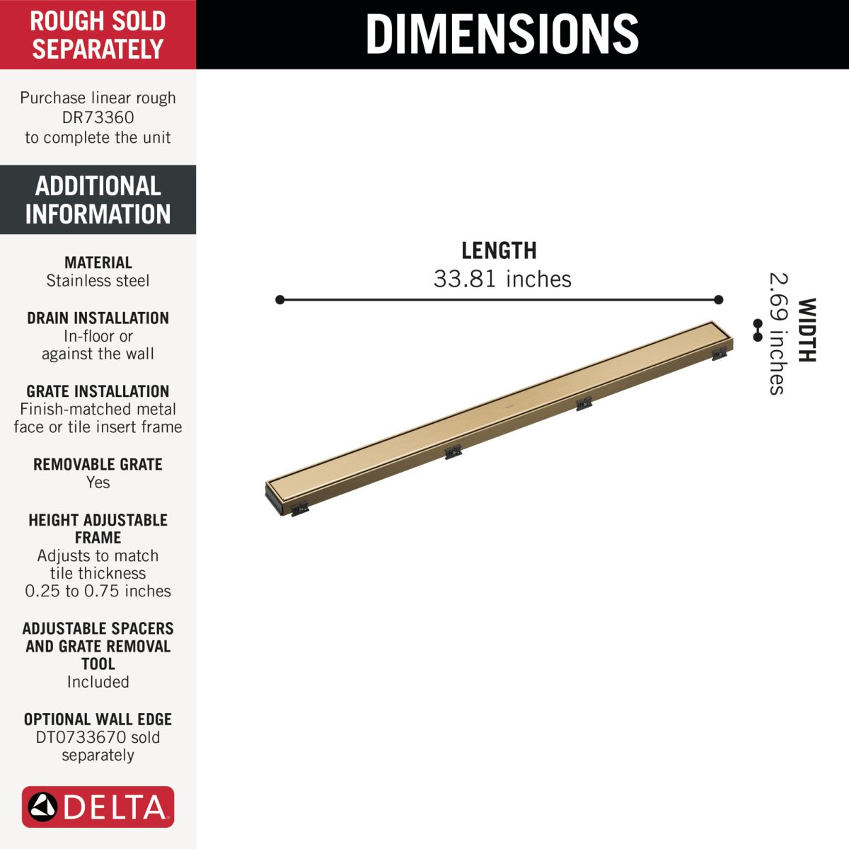 DELTA 36" Reversible Linear Shower Drain Trim — Champagne Bronze