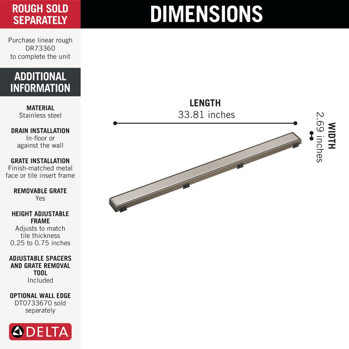DELTA 36" Reversible Linear Shower Drain Trim — Stainless