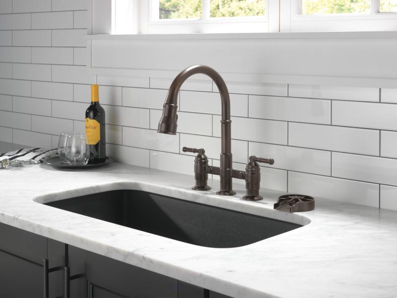 DELTA Broderick Two Handle Pull-Down Bridge Kitchen Faucet — Venetian Bronze