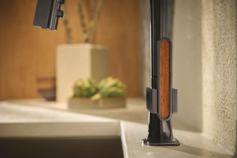 BRIZO Frank Lloyd Wright Pull-Down Kitchen Faucet Arc Lever with Wood Inlay Handle Kit​ — Brilliance Black Onyx / Wood