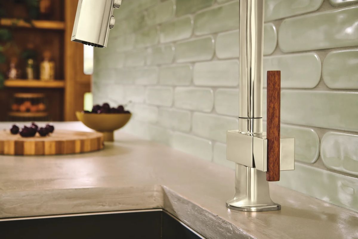 BRIZO Frank Lloyd Wright Pull-Down Kitchen Faucet Offset Wood Lever Handle Kit​ — Polished Nickel / Wood