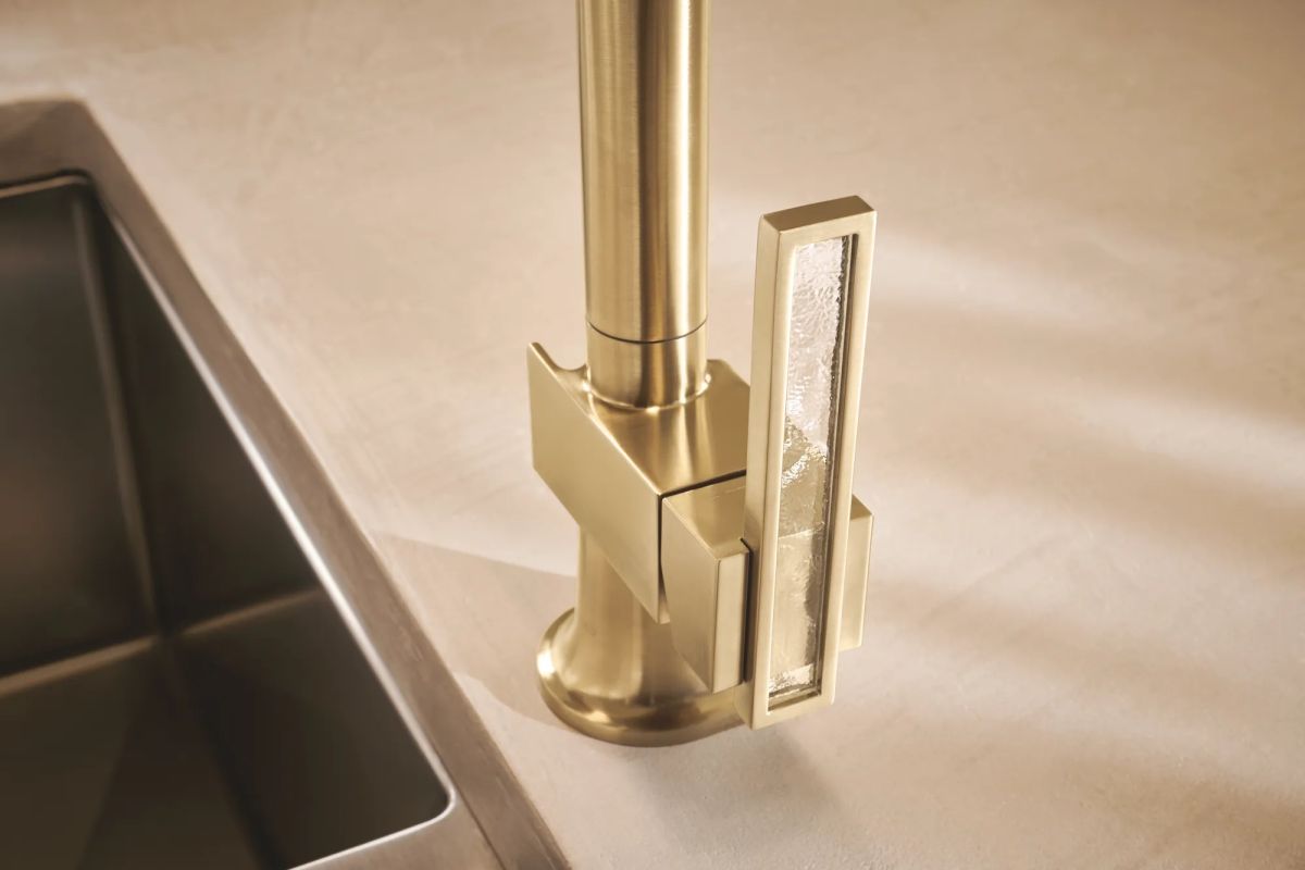 BRIZO Frank Lloyd Wright Pull-Down Kitchen Faucet Lever with Glass Inlay Handle Kit​ — Luxe Gold / Clear Acrylic