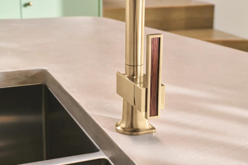 BRIZO Frank Lloyd Wright Pull-Down Kitchen Faucet Lever with Wood Inlay Handle Kit​ — Luxe Gold / Wood