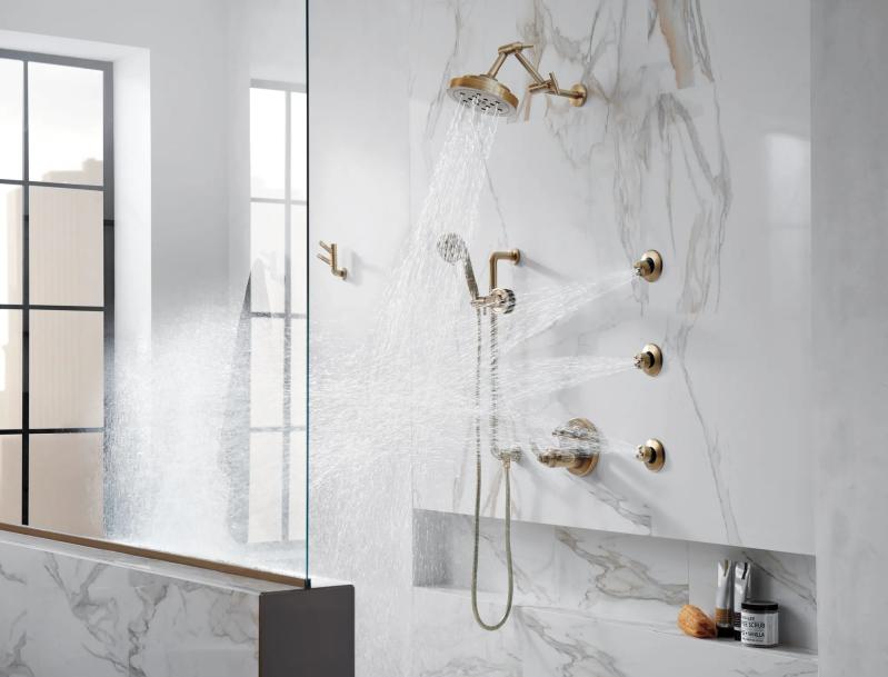 BRIZO Litze 8” H2Okinetic Round Multi-Function Wall Mount Showerhead — Luxe Gold