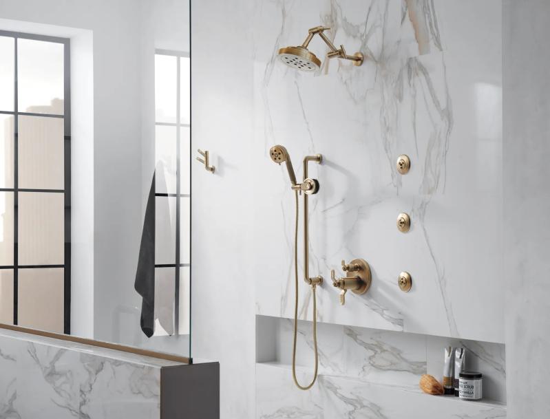 BRIZO Litze 8” H2Okinetic Round Multi-Function Wall Mount Showerhead — Luxe Gold