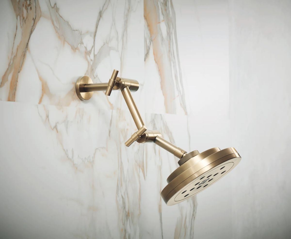 BRIZO Essential Shower Linear Round Jointed Wall Mount Shower Arm And Flange — Luxe Gold
