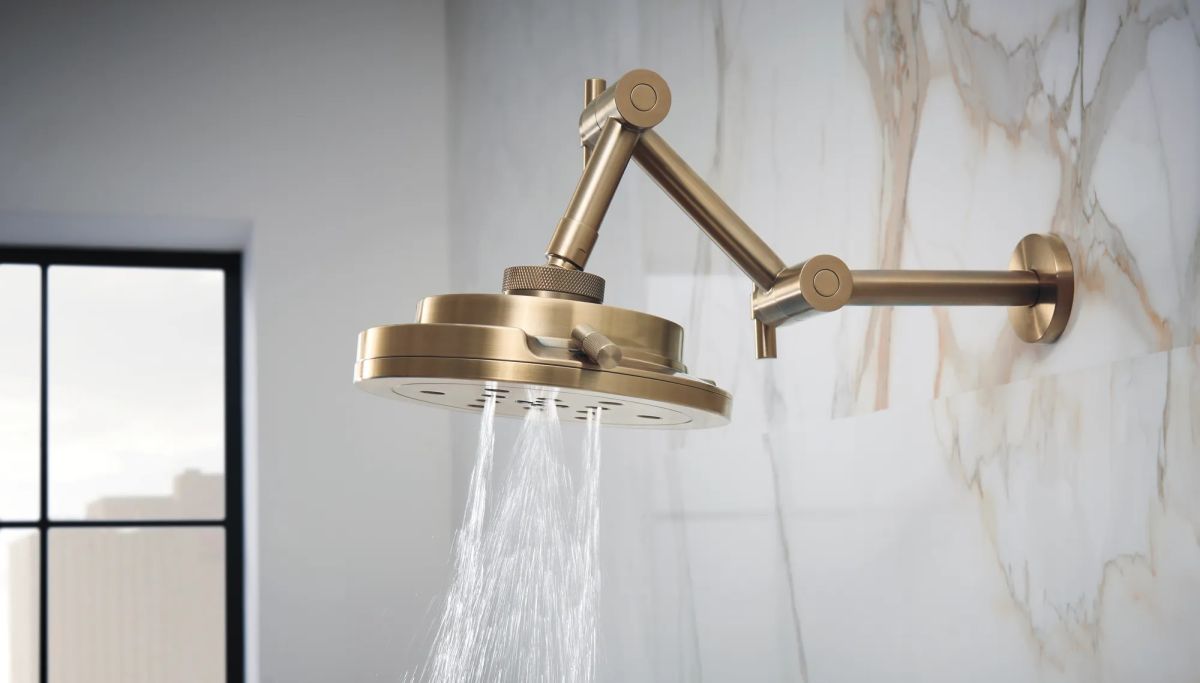 BRIZO Essential Shower Linear Round Jointed Wall Mount Shower Arm And Flange — Luxe Gold