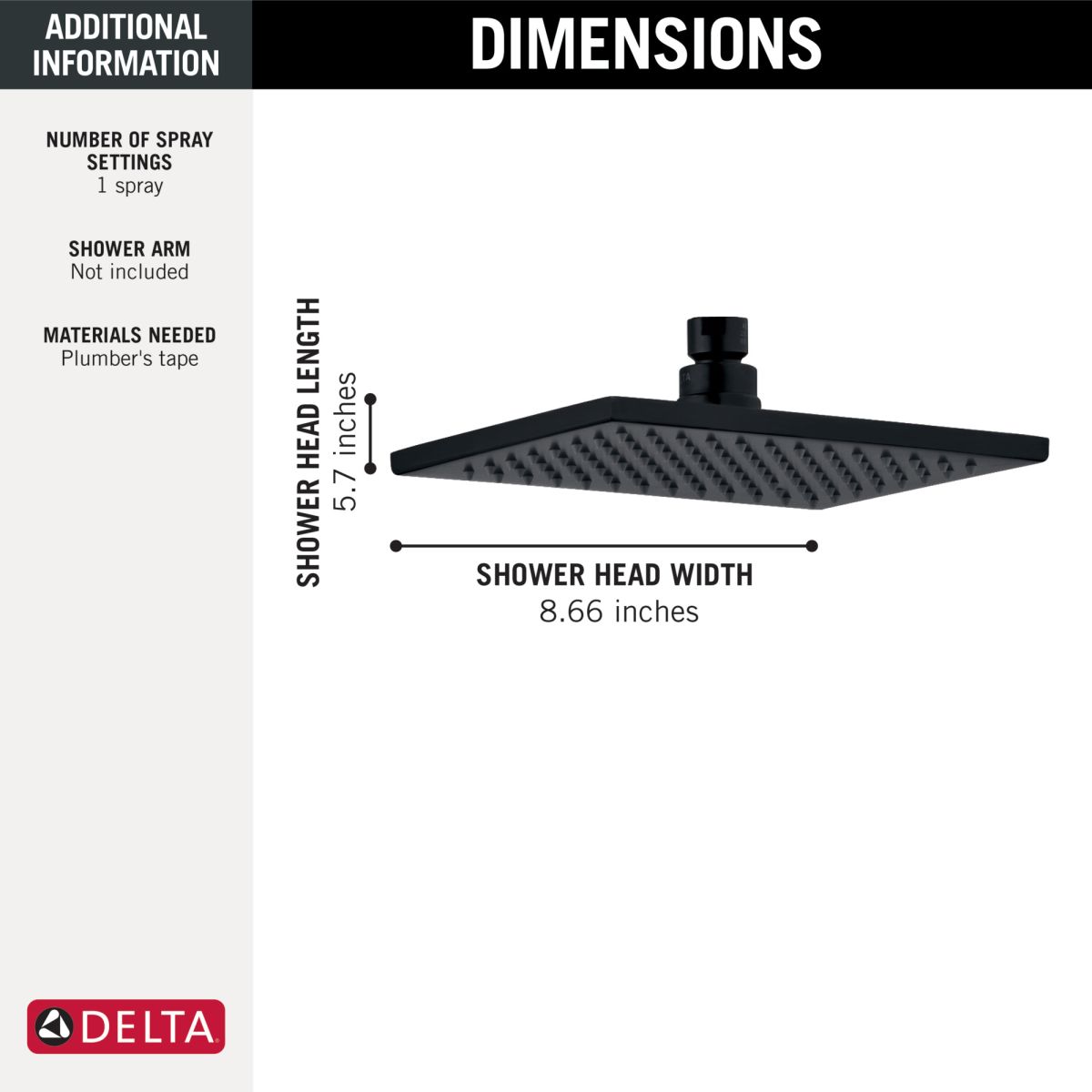 DELTA Universal Showering Components Single Setting Overhead Showerhead — Matte Black