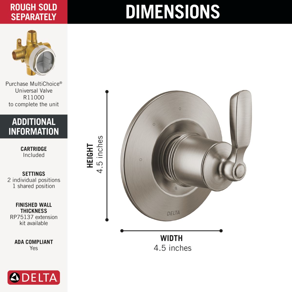 DELTA Woodhurst 3-Setting 2-Port Diverter Trim — Stainless