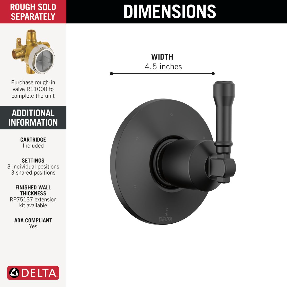 DELTA Broderick 6-Setting Diverter Trim — Matte Black
