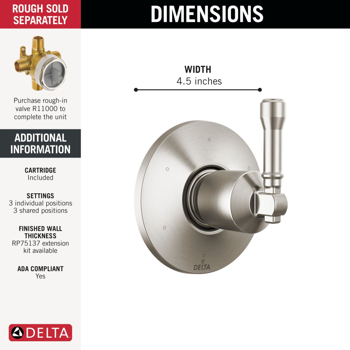 DELTA Broderick 6-Setting Diverter Trim — Lumicoat® Stainless