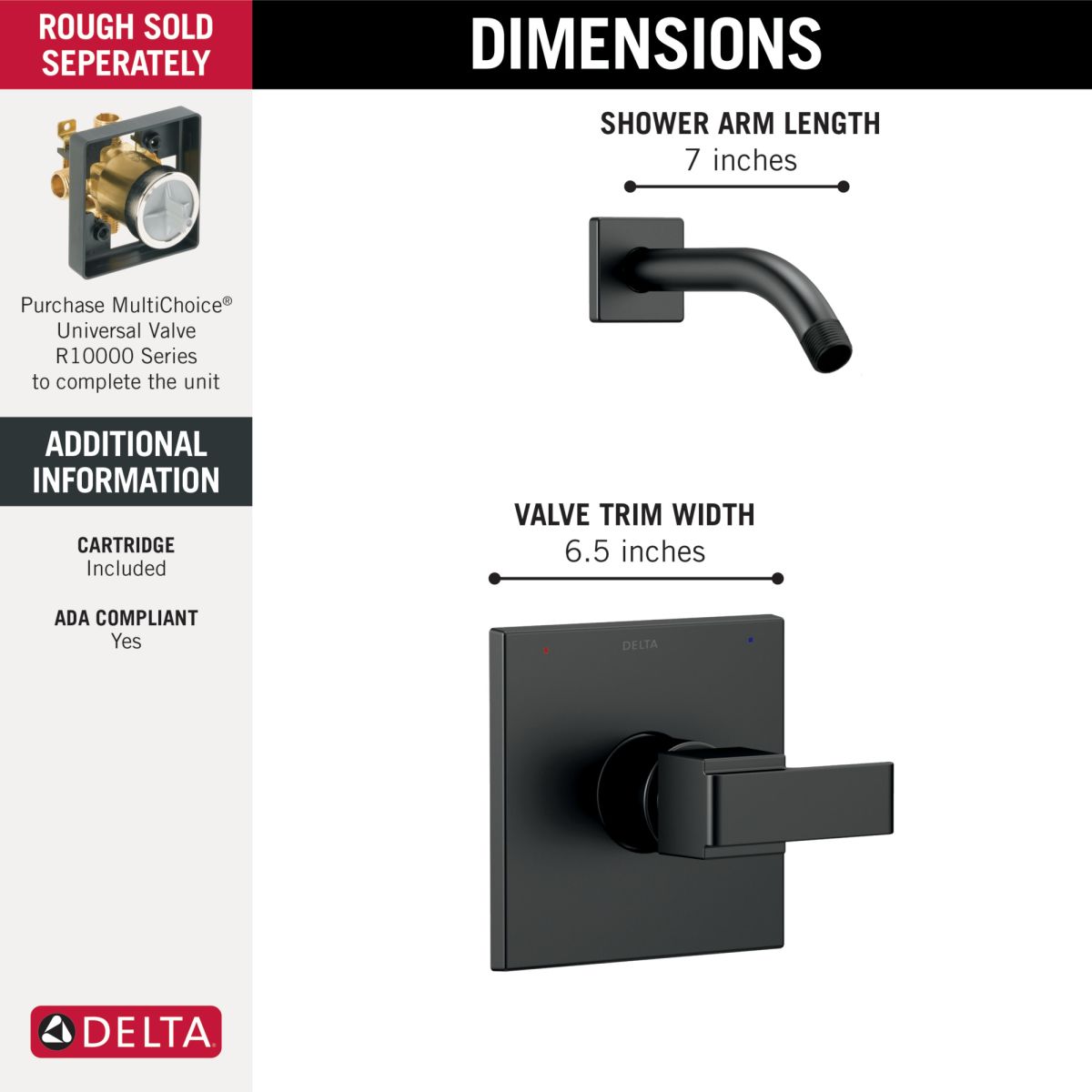 DELTA Ara Monitor 14 Series Shower Trim - Less Head — Matte Black