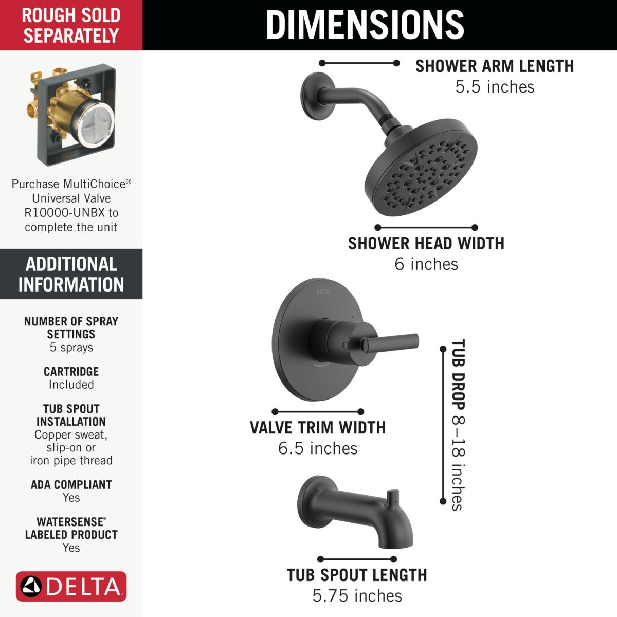 DELTA Altado Monitor 14 Series Tub & Shower Trim — Matte Black