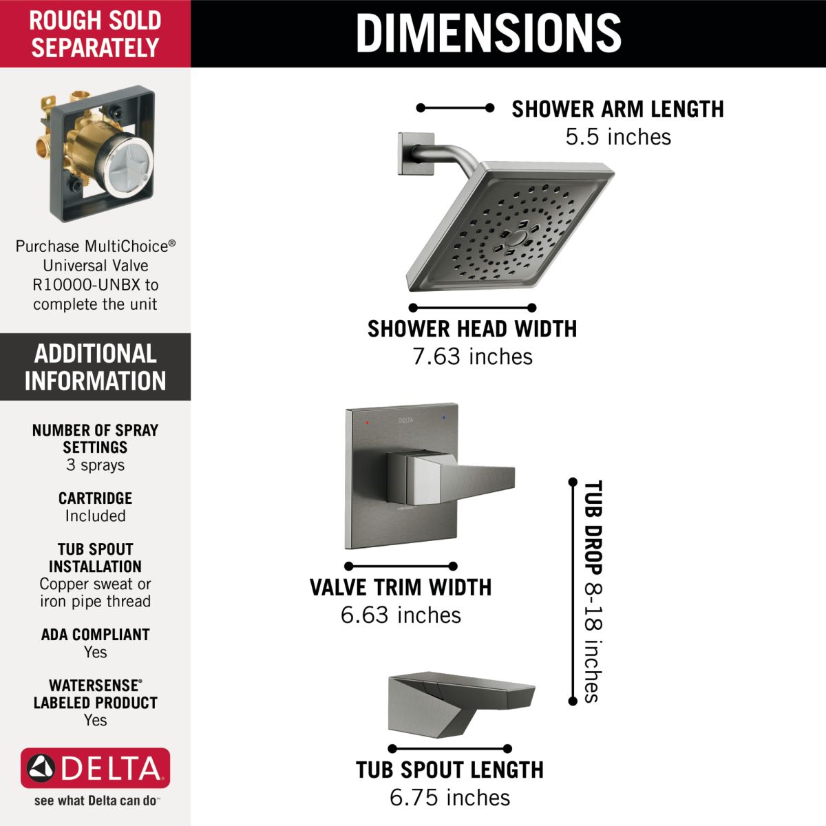 DELTA Trillian 14 Series H2Okinetic Tub Shower Trim — Lumicoat® Black Stainless