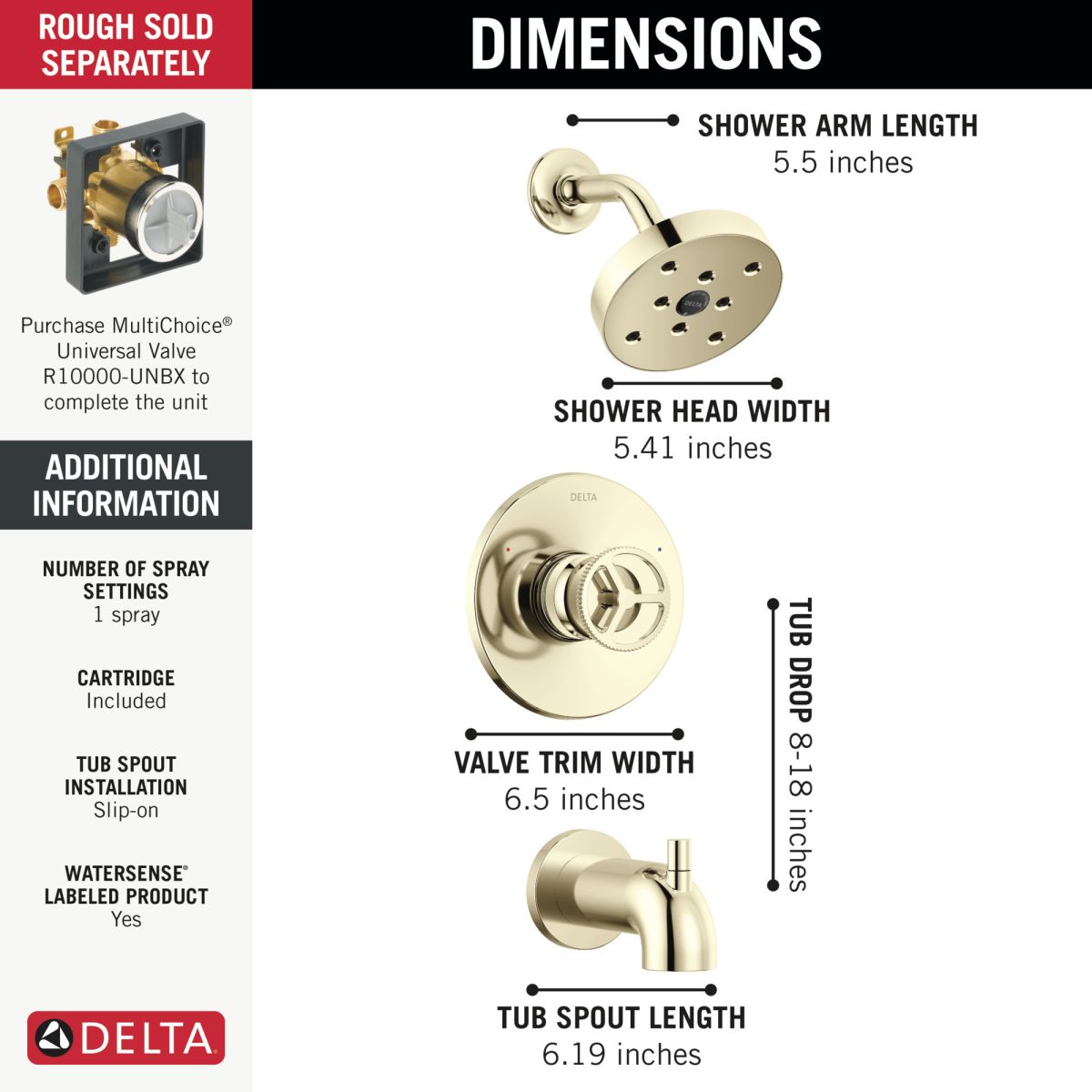 DELTA Trinsic H2OKINETIC Tub Shower Trim — Polished Nickel
