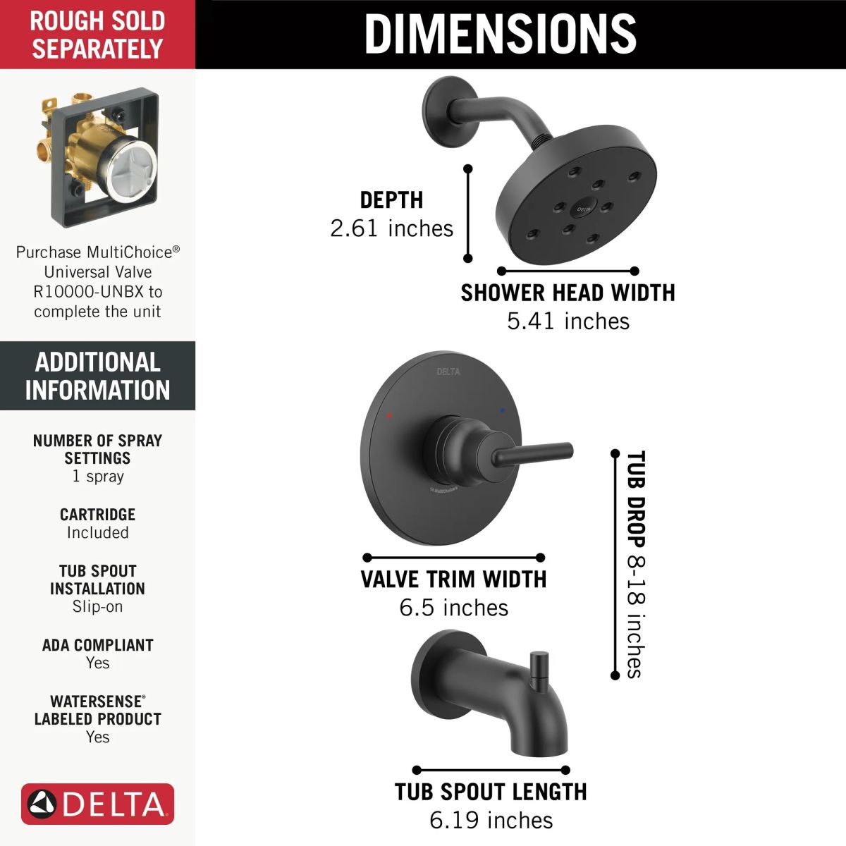 DELTA Trinsic Monitor 14 Series H2OKINETIC Tub & Shower Trim — Matte Black