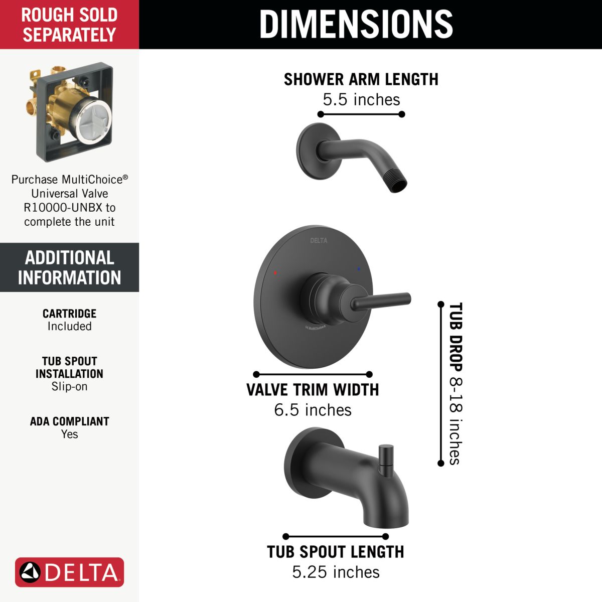 DELTA Trinsic Monitor 14 Series Tub & Shower Trim - Less Head — Matte Black