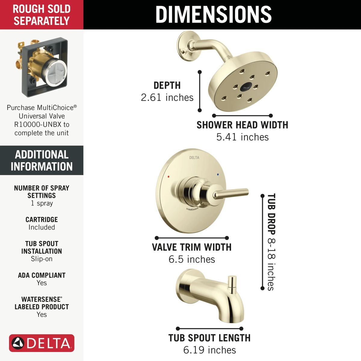 DELTA Trinsic Monitor 14 Series H2OKINETIC Single Handle Tub & Shower Trim — Polished Nickel