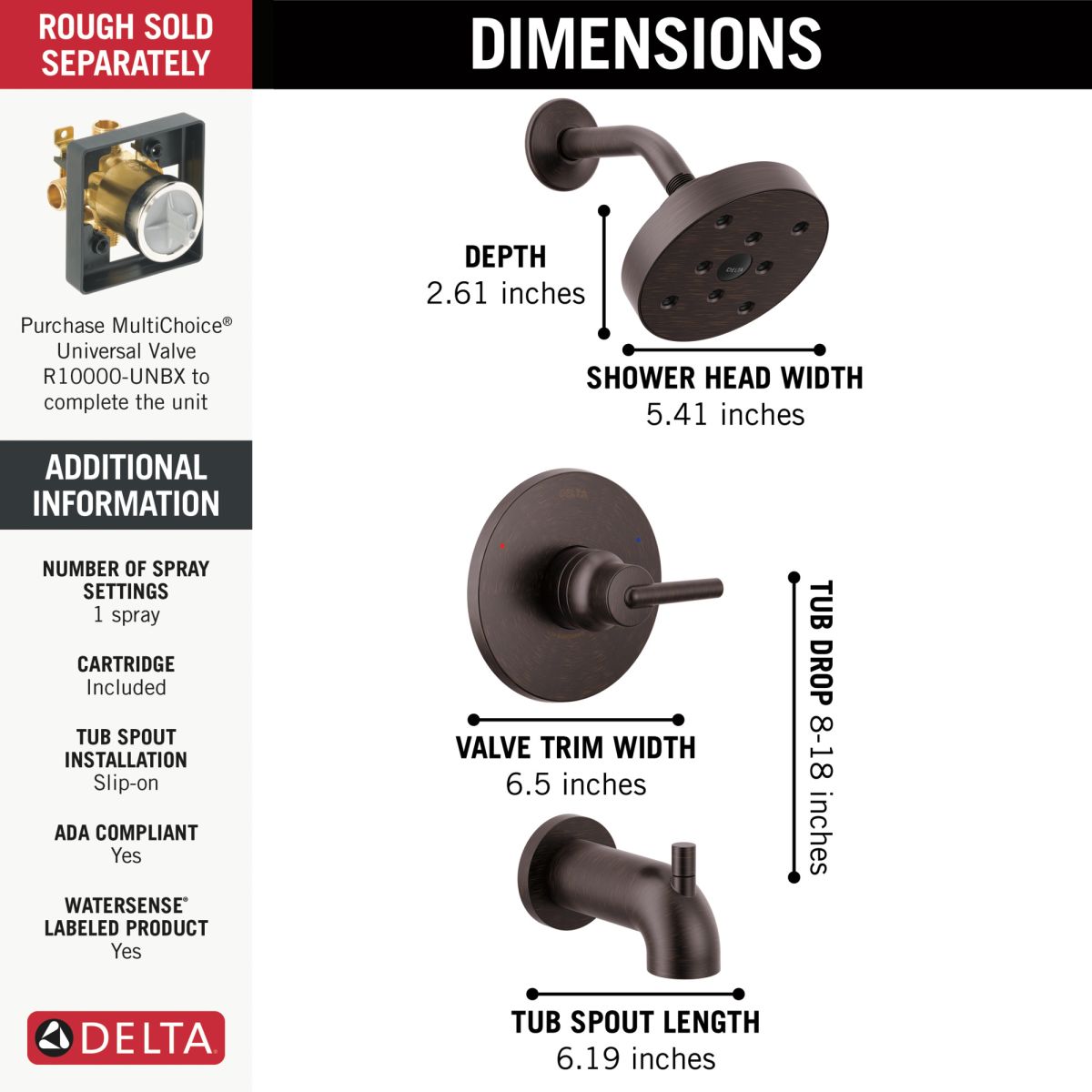 DELTA Trinsic Monitor 14 Series H2OKINETIC Tub & Shower Trim — Venetian Bronze