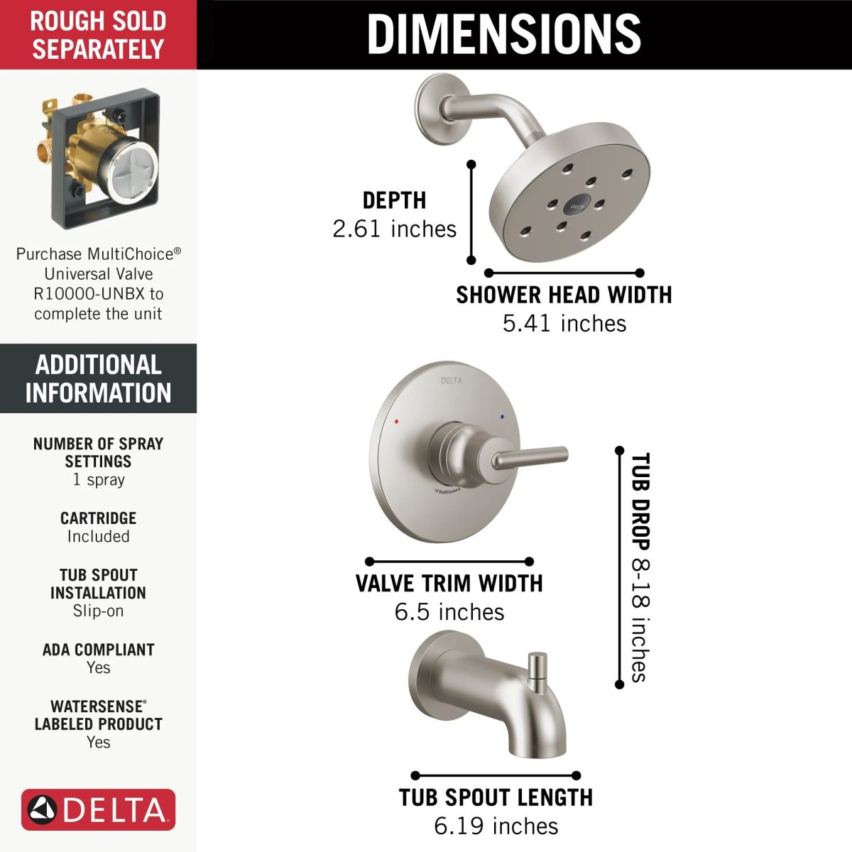 DELTA Trinsic Monitor 14 Series H2OKINETIC Tub & Shower Trim — Stainless