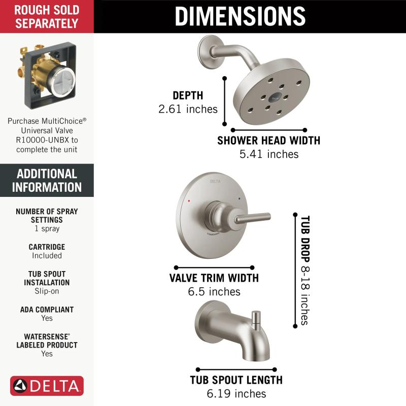 DELTA Trinsic Monitor 14 Series H2OKINETIC Tub & Shower Trim — Stainless