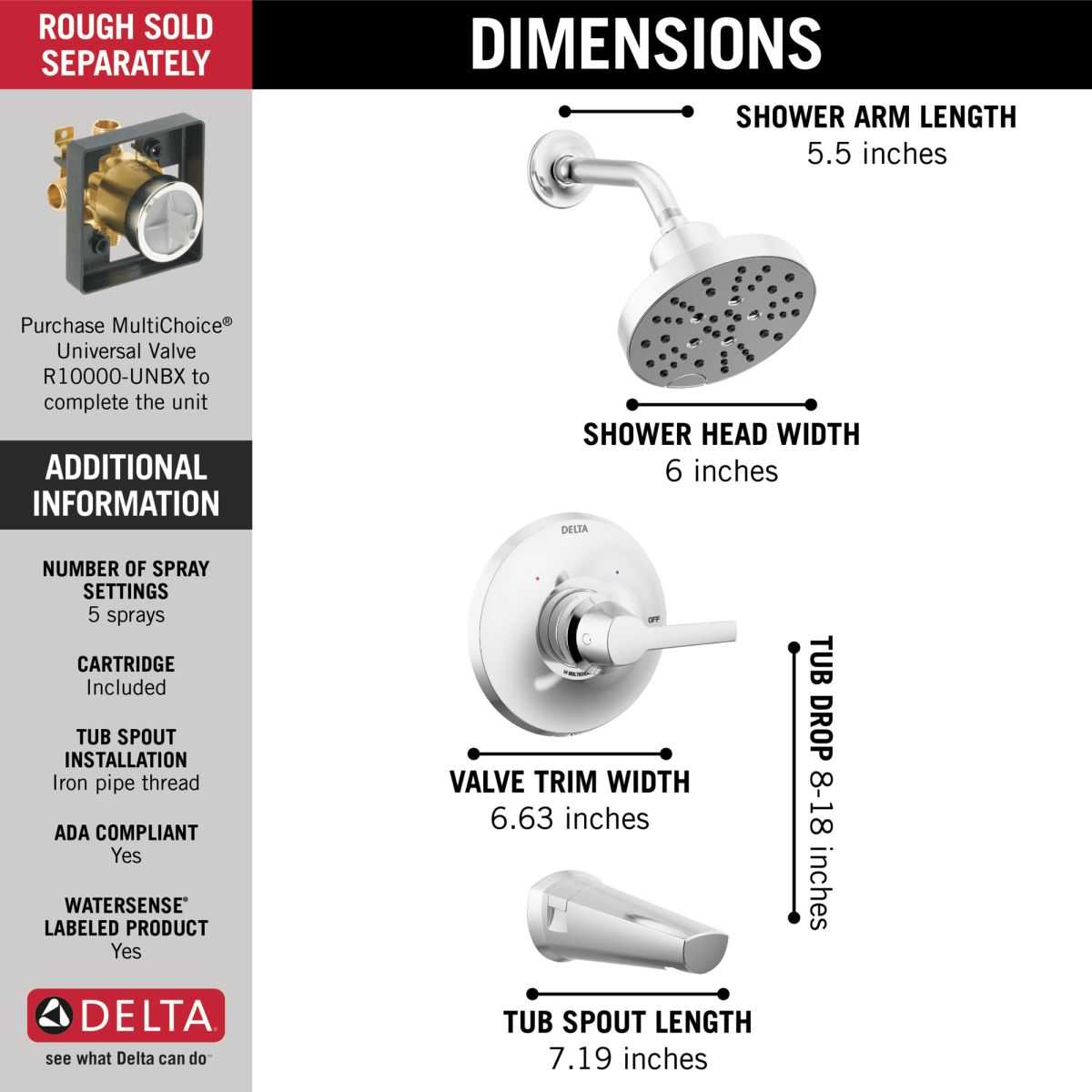 DELTA Galeon 14S Tub Shower Trim with H2OKinetic — Lumicoat® Chrome