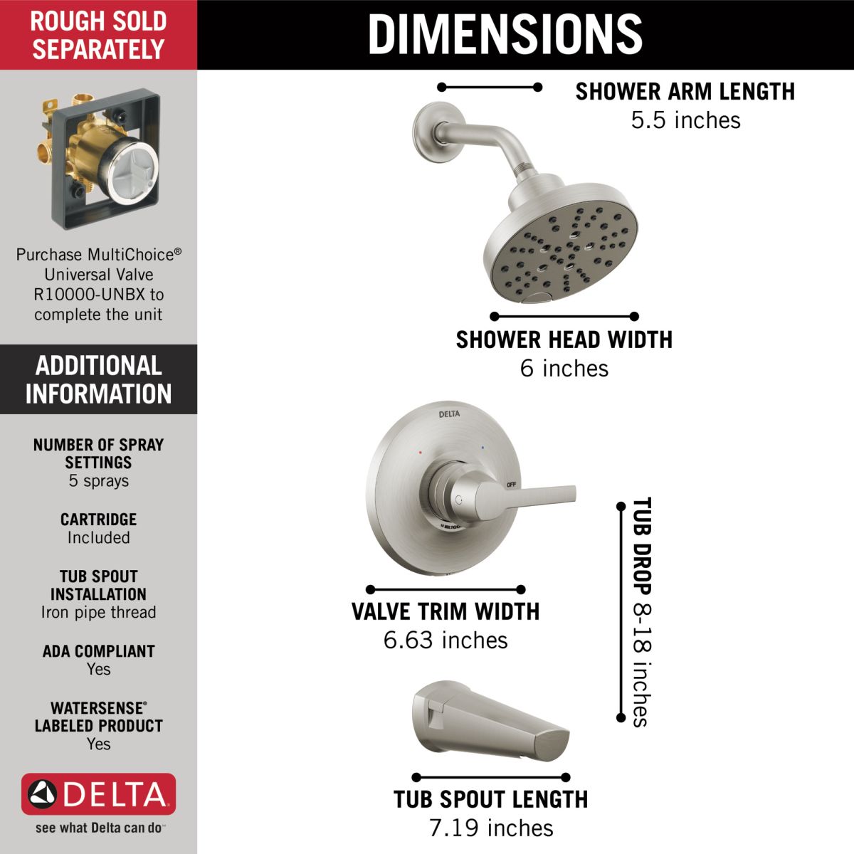 DELTA Galeon 14S Tub Shower Trim with H2OKinetic — Lumicoat® Stainless