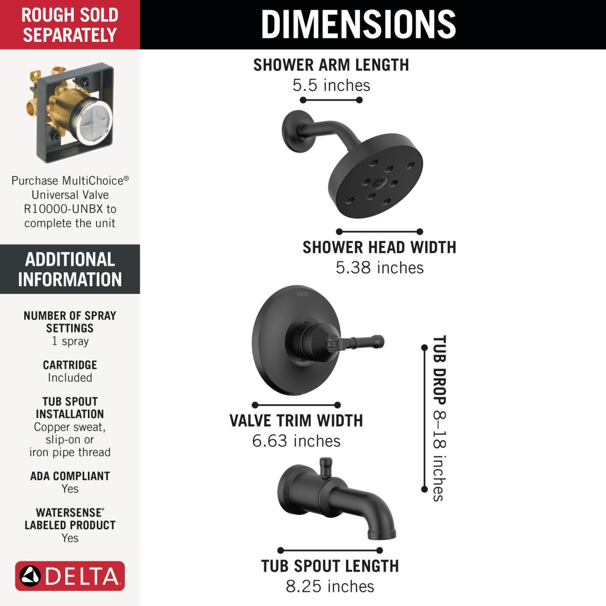 DELTA Broderick 14 Series Tub Shower Trim — Matte Black