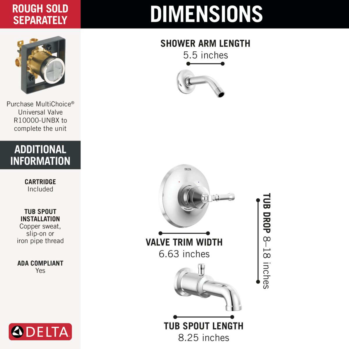DELTA Broderick 14 Series Tub Shower Trim - Less Head — Lumicoat® Chrome