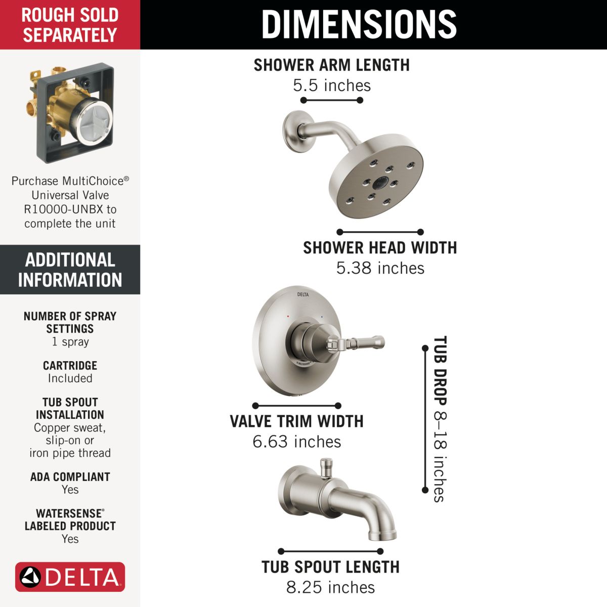 DELTA Broderick 14 Series Tub Shower Trim — Lumicoat® Stainless