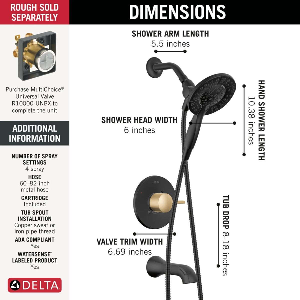 DELTA Albion  Monitor 14 Series Tub and Shower Trim Only with In2ition Hand Shower — Matte Black / Champagne Bronze