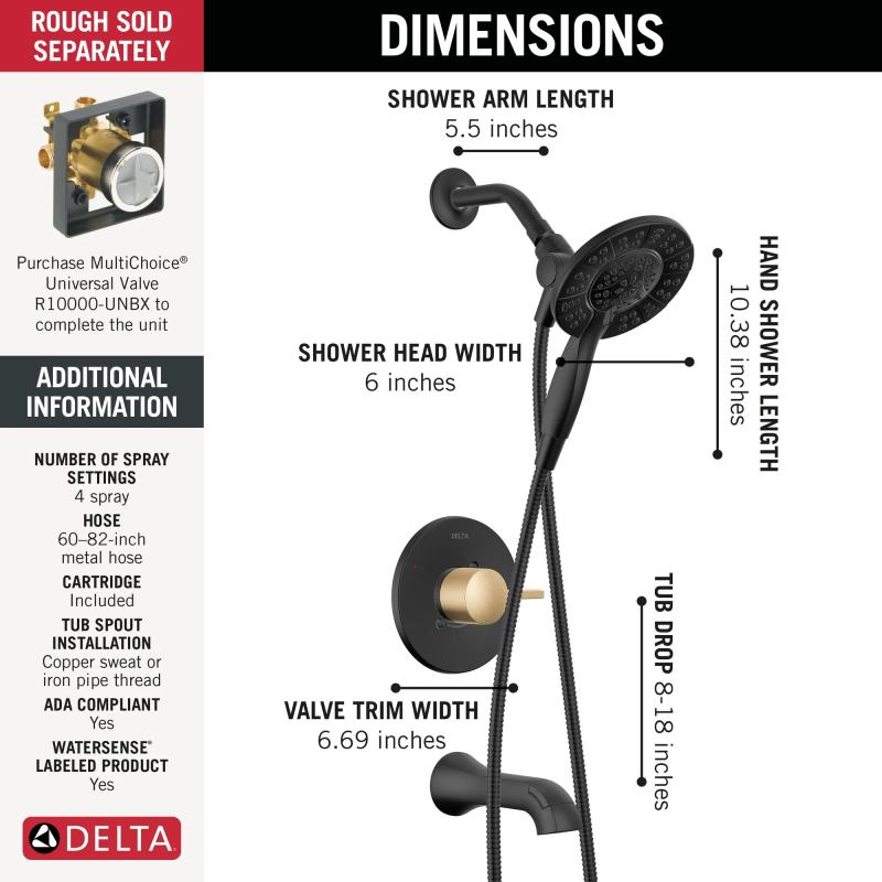 DELTA Albion  Monitor 14 Series Tub and Shower Trim Only with In2ition Hand Shower — Matte Black / Champagne Bronze