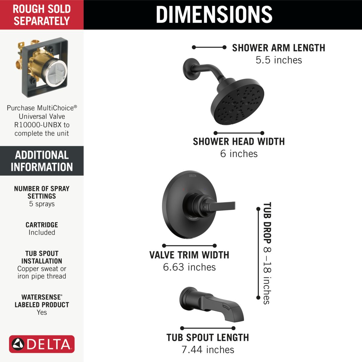 DELTA Tetra Monitor 14 Series Tub & Shower Trim — Matte Black