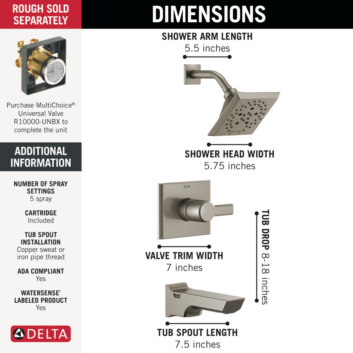 DELTA Pivotal Monitor 14 Series H2OKINETIC Tub and Shower Trim — Lumicoat® Stainless
