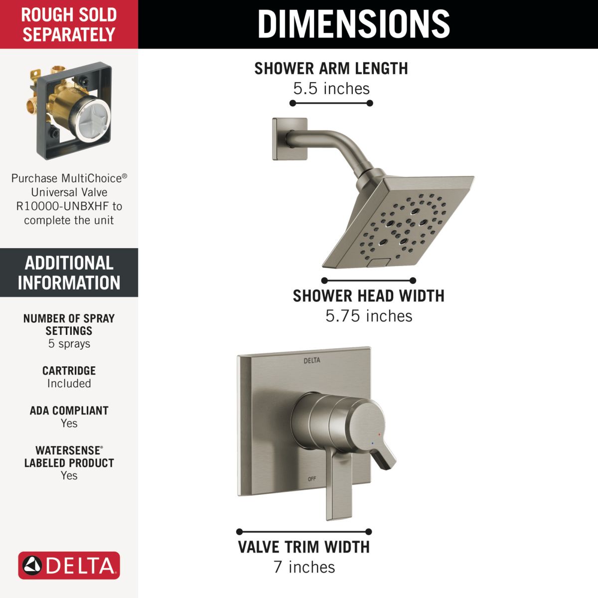 DELTA Pivotal Monitor 17 Series H2OKINETIC Shower Trim — Lumicoat® Stainless