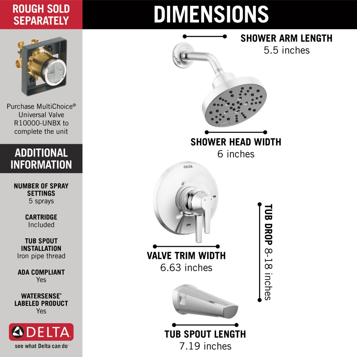 DELTA Galeon 17S Tub Shower Trim with H2OKinetic — Lumicoat® Chrome