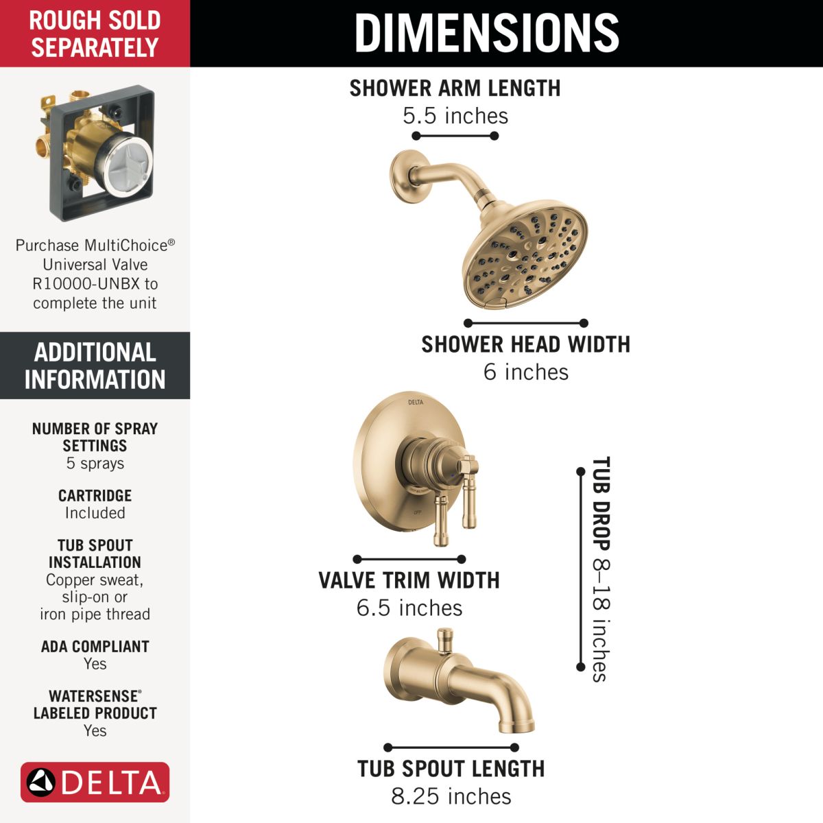 DELTA Broderick 17 Series Tub Shower Trim — Lumicoat® Champagne Bronze