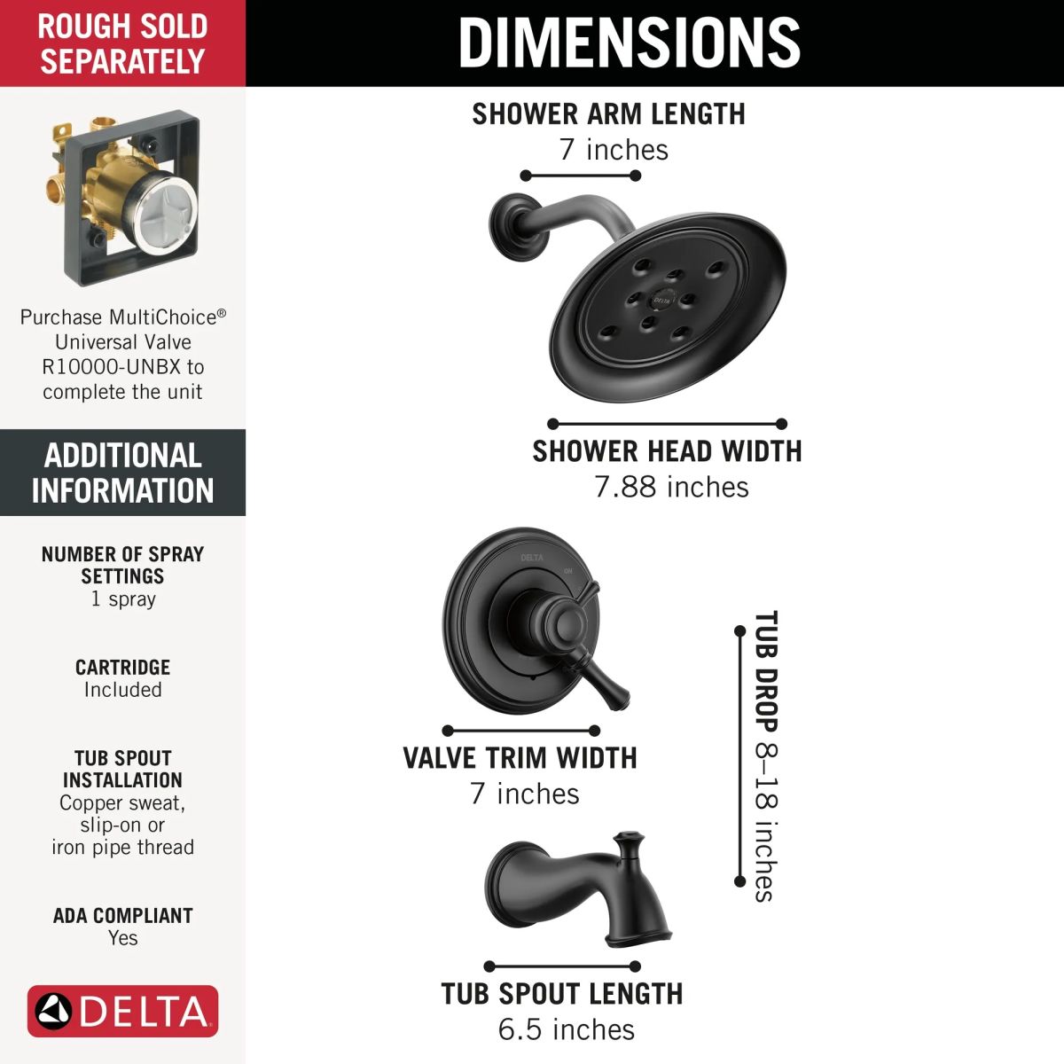 DELTA Cassidy 17 Series Tub Shower Trim — Matte Black