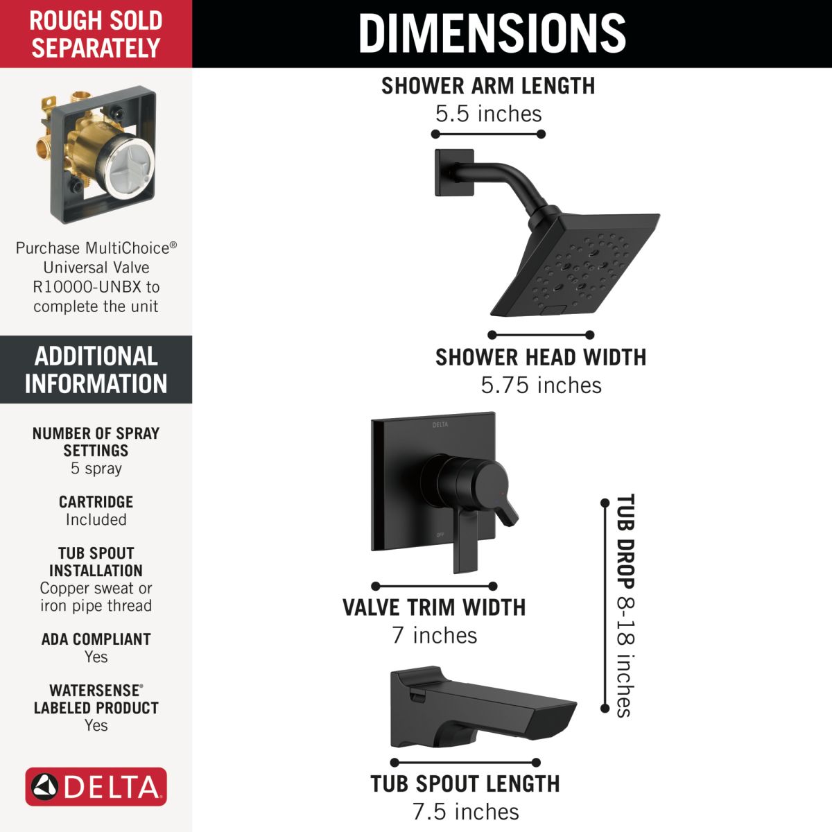 DELTA Pivotal Monitor 17 Series H2OKINETIC Tub and Shower Trim — Matte Black