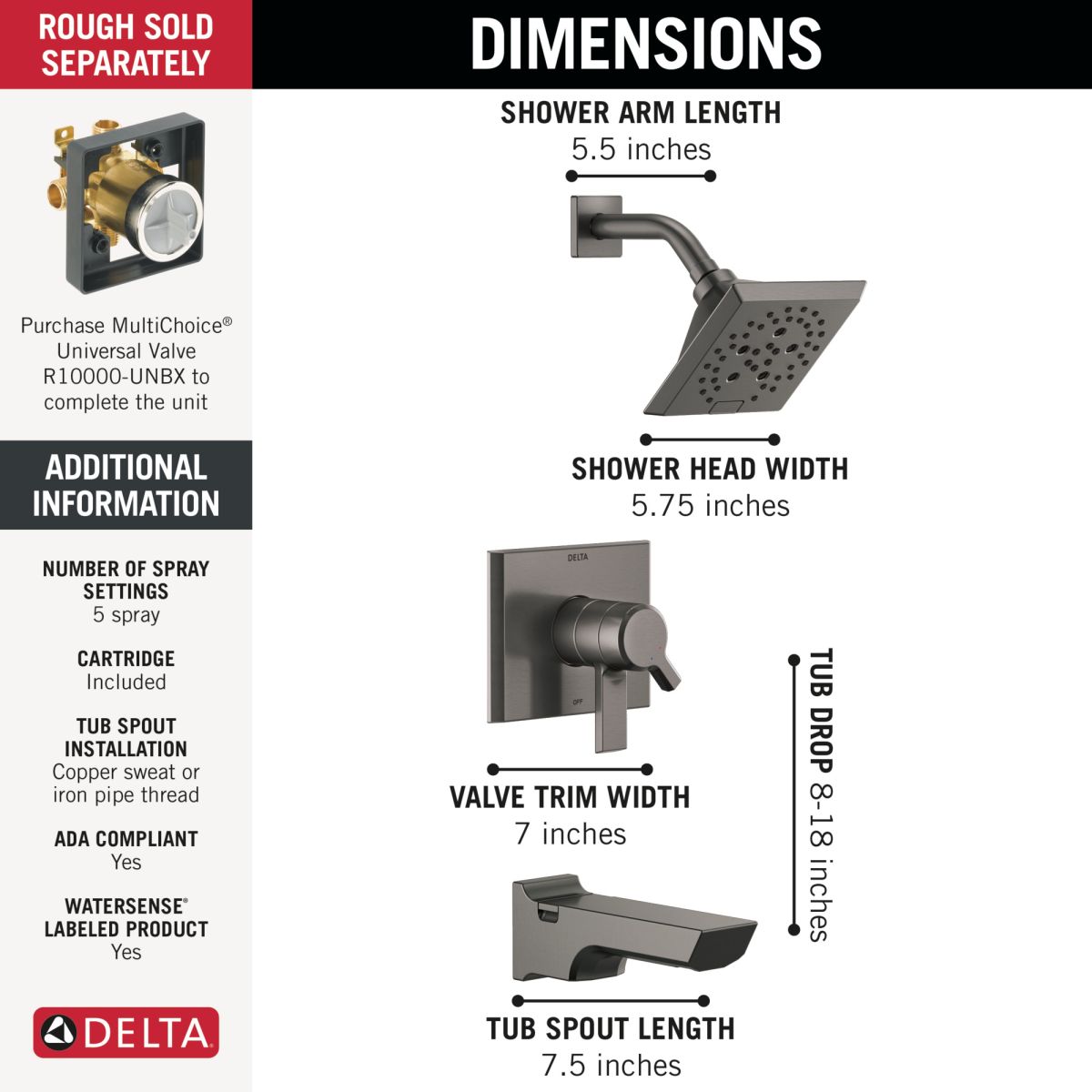 DELTA Pivotal Monitor 17 Series H2OKINETIC Tub and Shower Trim — Lumicoat® Black Stainless