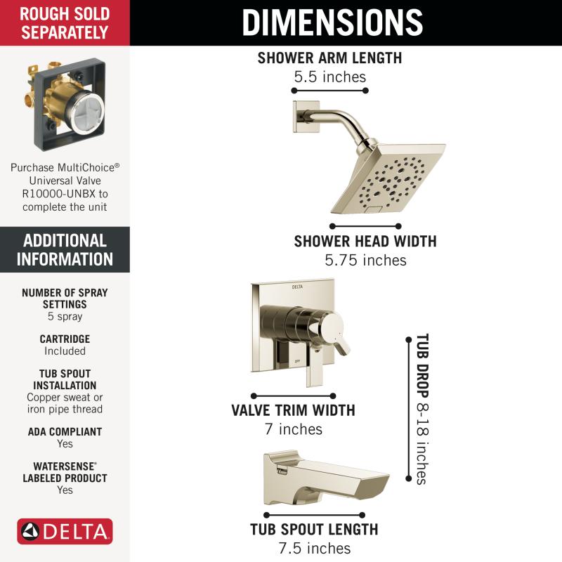 DELTA Pivotal Monitor 17 Series H2OKINETIC Tub and Shower Trim — Lumicoat® Polished Nickel