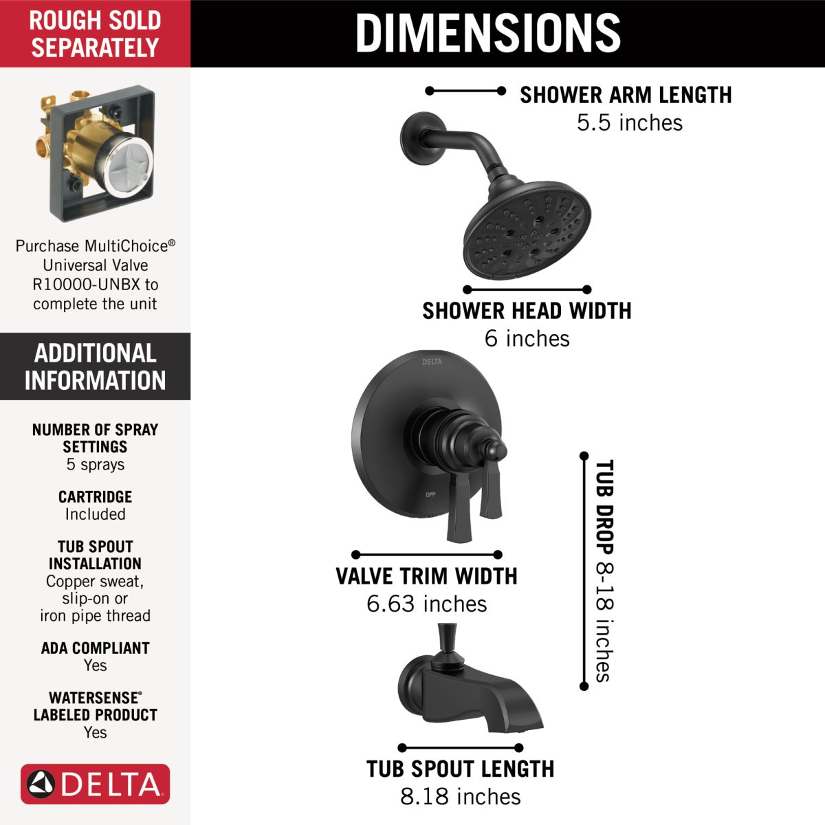DELTA Dorval TempAssure 17T Series Tub & Shower Trim — Matte Black