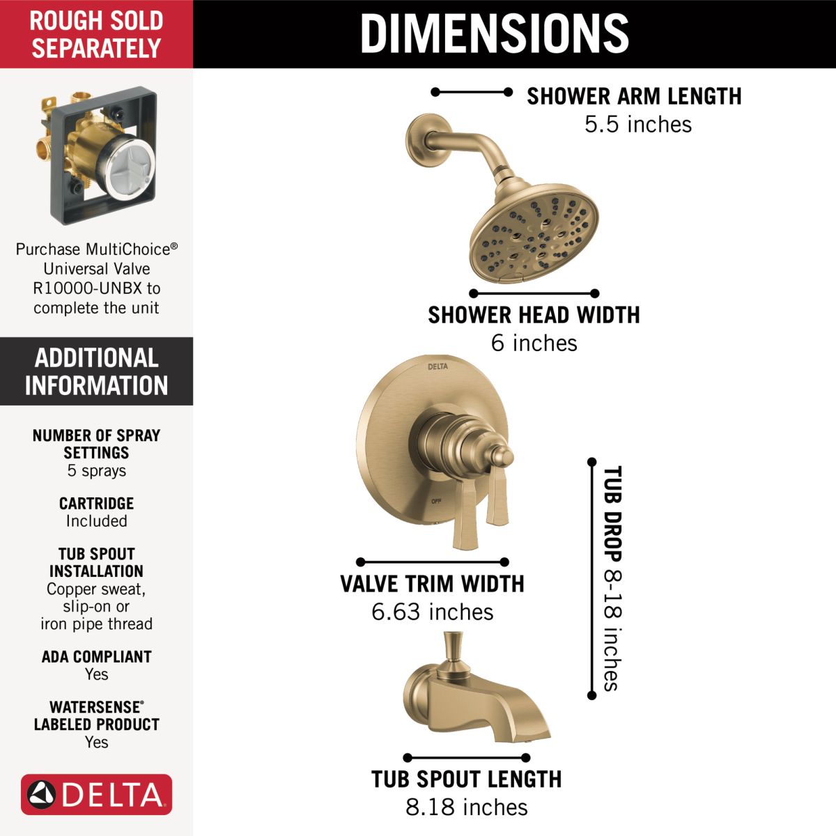 DELTA Dorval TempAssure 17T Series Tub & Shower Trim — Champagne Bronze