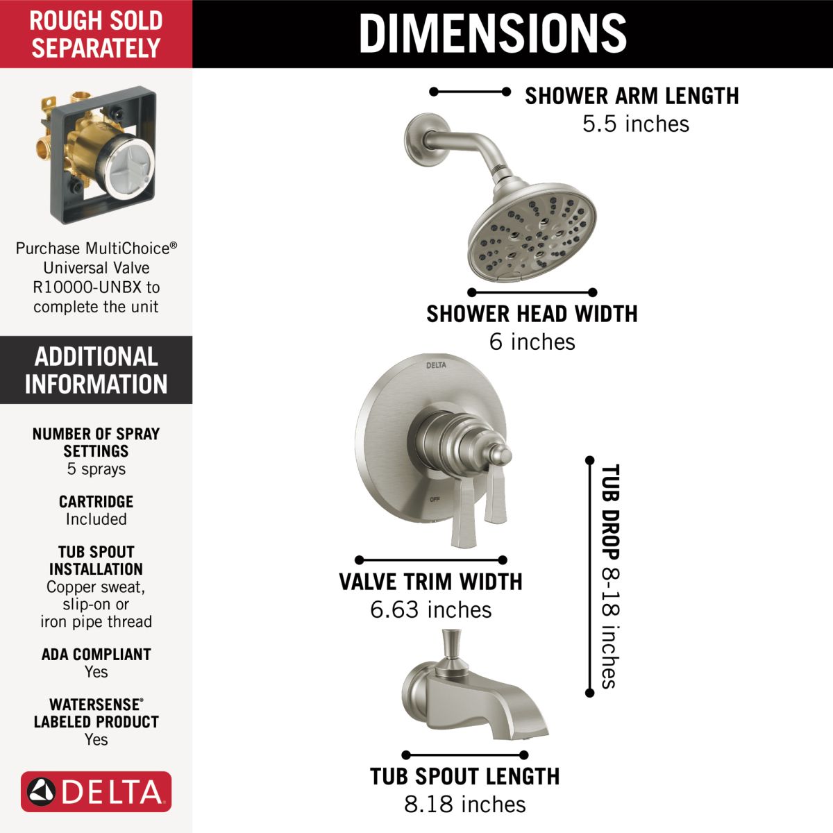 DELTA Dorval TempAssure 17T Series Tub & Shower Trim — Stainless