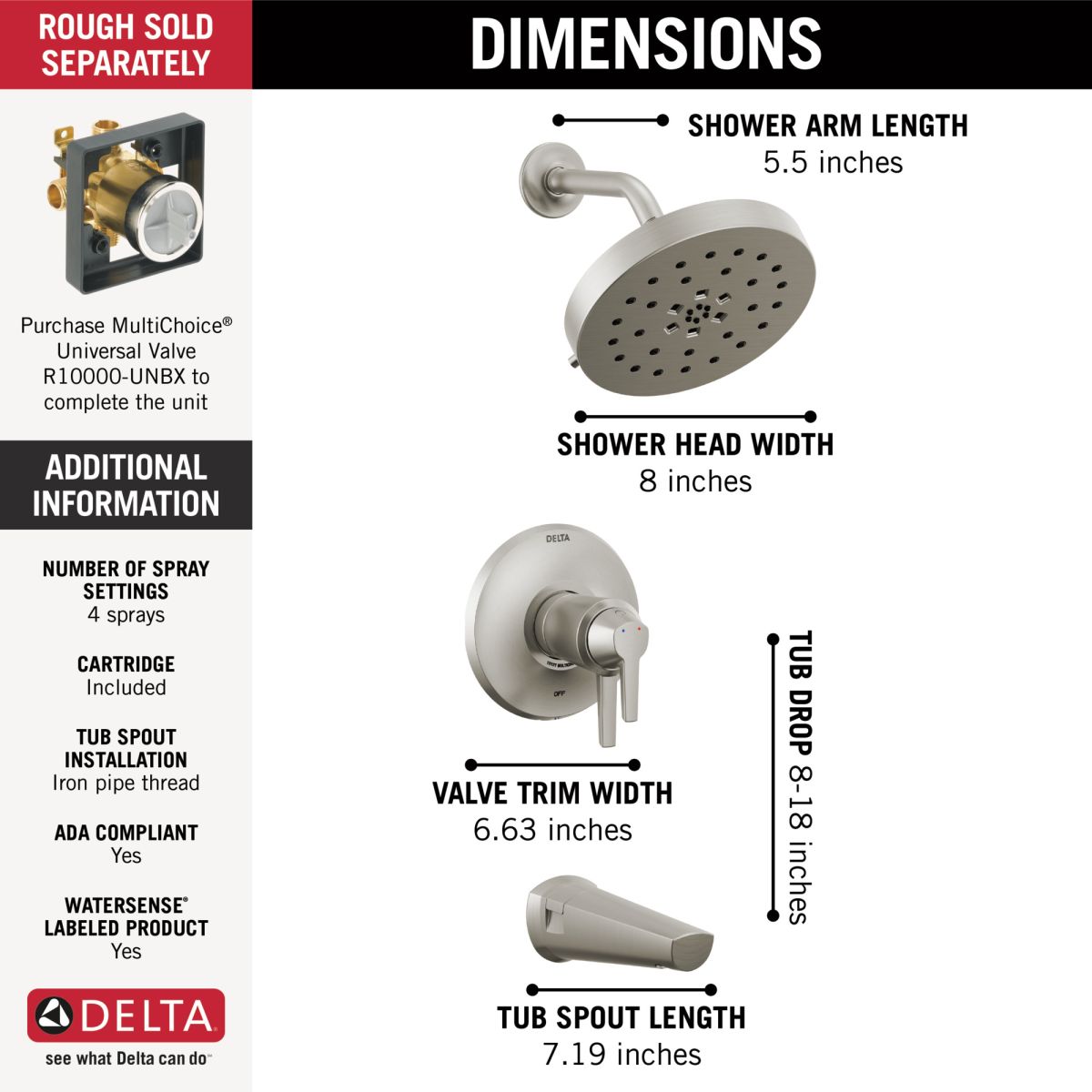 DELTA Galeon 17T S Tub Shower Trim with UltraSoak — Lumicoat® Stainless