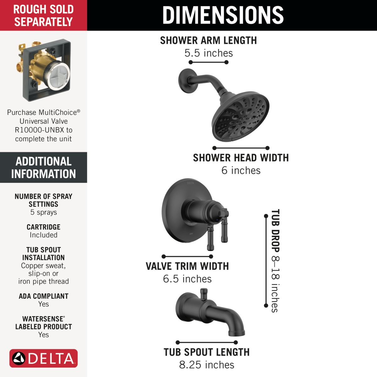 DELTA Broderick 17T Series Tub Shower Trim — Matte Black